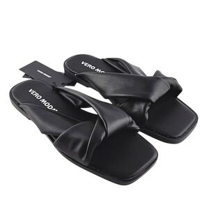 NWT Vero Moda Women's Black Twist Square Toe Flat Slides Sandals Faux Leather 6
